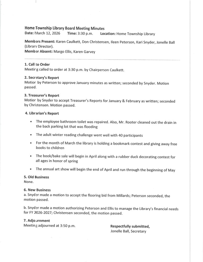 March 2026 Library Minutes